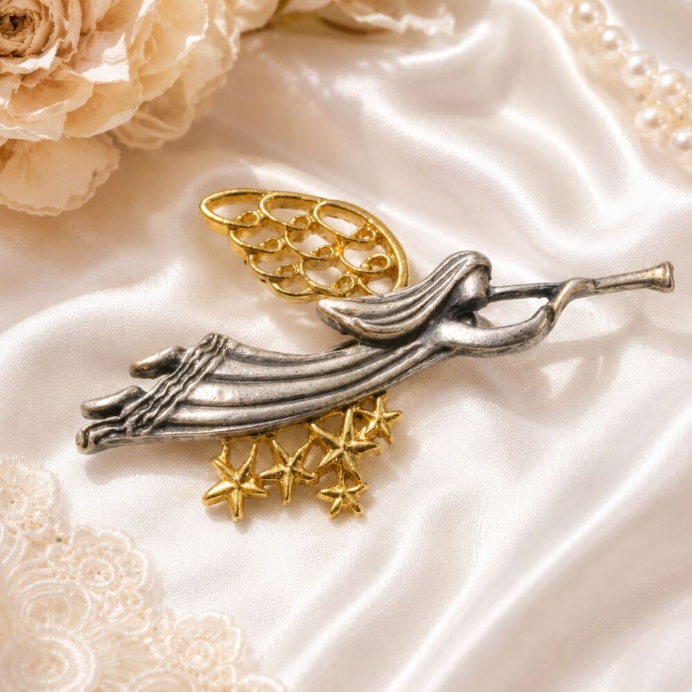 Vintage Pewter and Gold Tone Angel Brooch